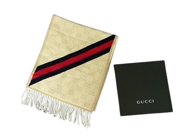 乐天商城 - GUCCI グッチ マフラー シェリーライン 570603 アイボリー ウール100% ユニセックス GG柄 美品【本物保証】【中古】