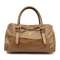 美品PRADAプラダBN18662wayハンドバッグリボンレザーブラウンレディースハンドバッグ【本物保証】【中古】