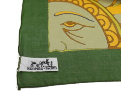 超美品HERMESエルメス大判ショールホワイトグリーンイエローマルチカラーアパレル小物【本物保証】【中古】