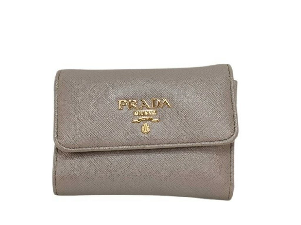 乐天商城 - PRADA プラダ 三つ折り財布 1MH025 グレージュ系 サフィアーノ レザー レディース ゴールド金具 美品【本物保証】【中古】
