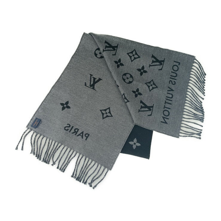 超美品 LOUIS VUITTON ルイ ヴィトン マフラー マフラー・オール アバウト モノグラム M79225 ブラック グレー ウール 100% メンズ フリンジ【本物保証】【中古】