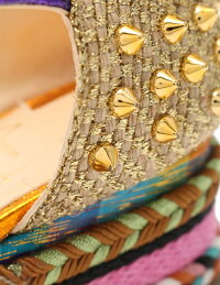 新品未使用展示品ChristianLouboutinクリスチャンルブタンMADCARINA60サンダルキャンバス麻ゴールドマルチカラーオープントゥラメスパイクスタッズメーカーサイズ36参考サイズ23cm【本物保証】【中古】