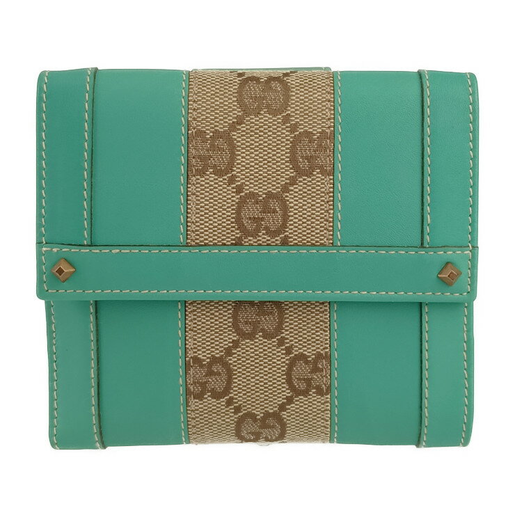 超美品 GUCCI グッチ Wホック 二つ折り財布 120927 カプリグリーン ベージュ GGキャンバス レザー レディース【本物保証】【中古】
