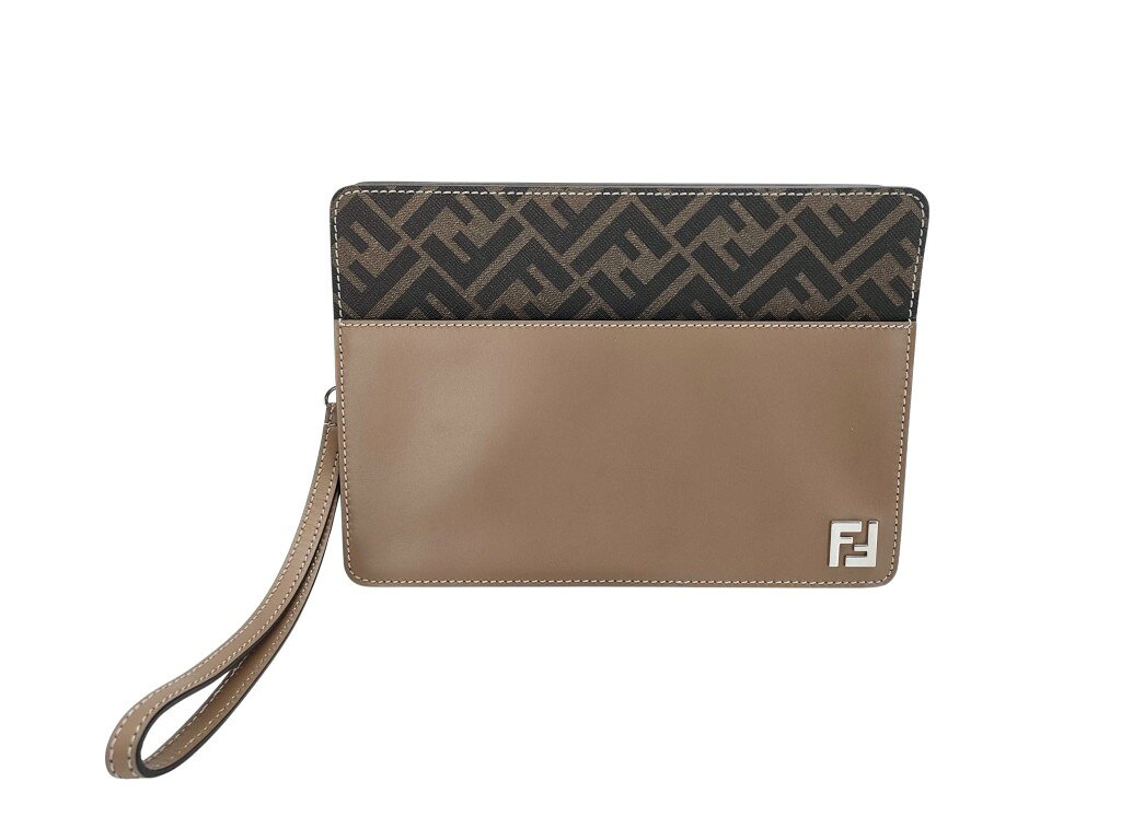 乐天商城 - FENDI フェンディ クラッチバッグ ズッカ 7N0145 ブラウン PVC レザー メンズ シルバー金具 美品【本物保証】【中古】
