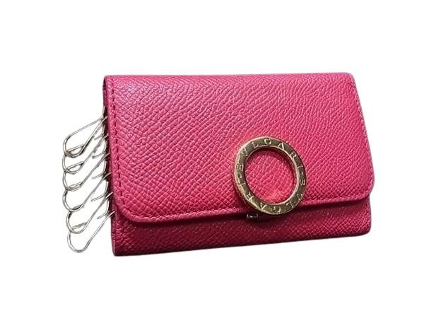 BVLGARI ブルガリ キーケース ブルガリブルガリ ピンク系 グレインカーフレザー レディース ロゴクリップ 6連 ゴールド金具 美品【本物保証】【中古】