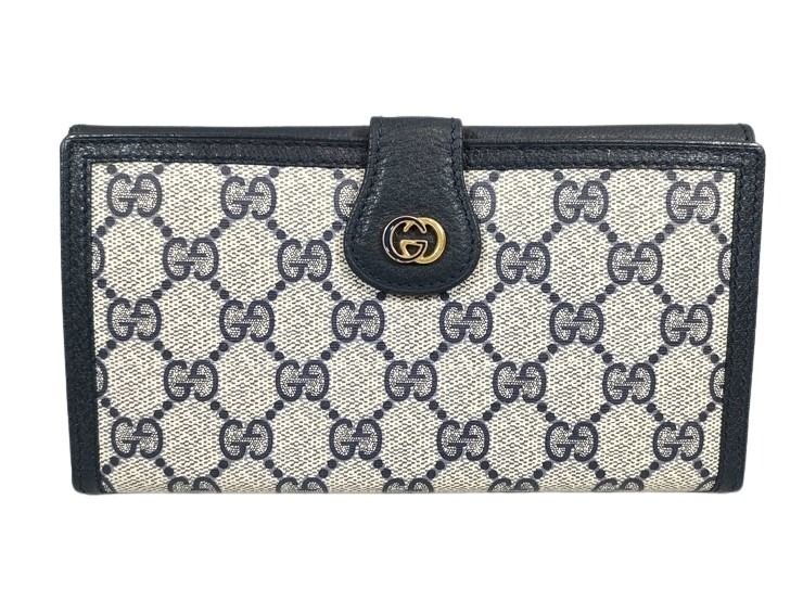 乐天商城 - GUCCI グッチ 長財布 GGスプリーム インターロッキングG 035 381 0294 ベージュ ネイビー PVC レザー レディース オールドグッチ Wホック 二つ折り財布 美品【本物保証】【中古】