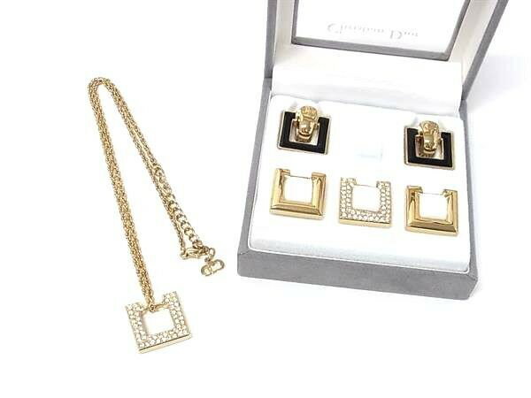Rakuten - Christian Dior ディオール ペンダント チェンジトップ ネックレス イヤリング セット ゴールド系 メタル ラインストーン レディース スクエア 美品【本物保証】【中古】