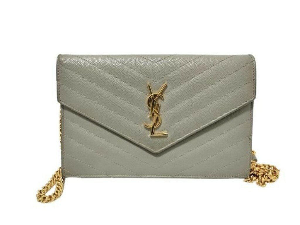 乐天商城 - YVES SAINT LAURENT イヴサンローラン チェーンウォレット カサンドラ 393953 グレー系 レザー レディース Vステッチ ゴールド金具【本物保証】【中古】