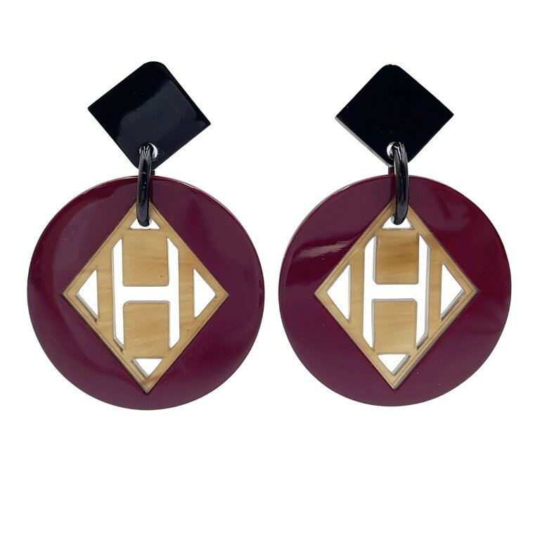 乐天商城 - HERMES エルメス ピアス Hモチーフ パープル系 ブラウン系 バッファローホーン ラッカーウッド レディース【本物保証】【中古】