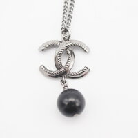 超美品CHANELシャネルストーンココマークネックレスメタルシルバー黒B11A【本物保証】【中古】