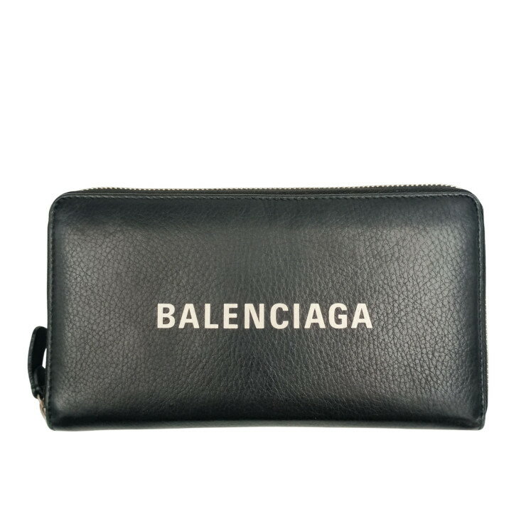 BALENCIAGA バレンシアガ 長財布 エブリデイ 490625 ブラック系 レザー ユニセックス ロゴ ラウンドファスナー 美品【本物保証】【中古】