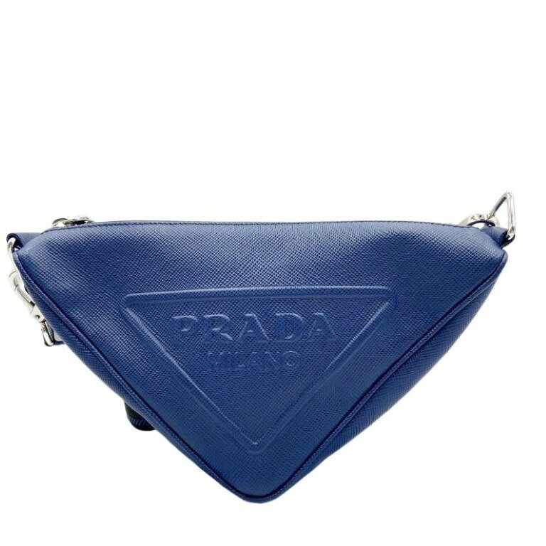 Rakuten - PRADA プラダ ショルダーバッグ トライアングルロゴ 2VH155 ブルー系 レザー ユニセックス 白タグ シルバー金具 美品【本物保証】【中古】