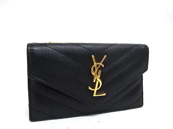 乐天商城 - YVESSAINTLAURENT イヴサンローラン フラグメントケース コインケース カードケース カサンドラ 612808 ブラック レザー レディース YSL Vステッチ ゴールド金具 美品【本物保証】【中古】