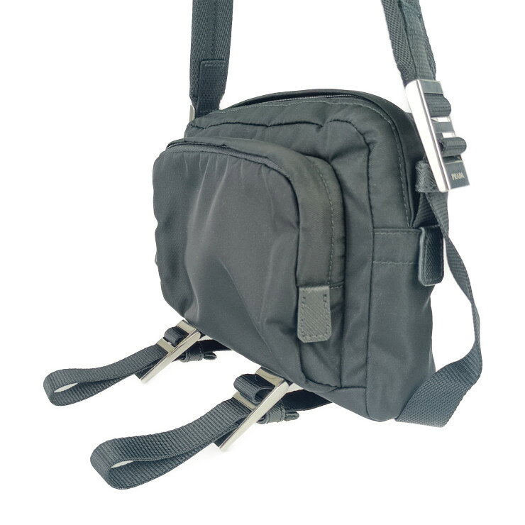 超美品 PRADA プラダ ショルダーバッグ クロスボディバッグ 2VH043 ブラック シルバー金具 ナイロン レザー ユニセックス ポシェット メッセンジャーバッグ 三角ロゴプレート【本物保証】【中古】
