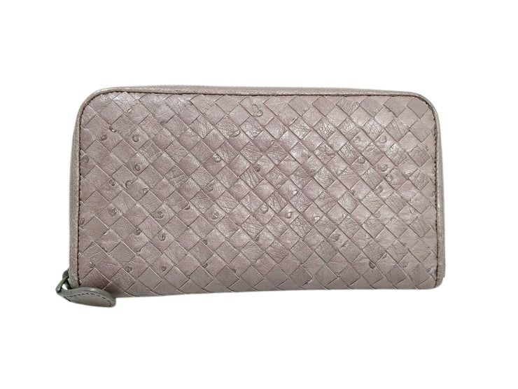 乐天商城 - BOTTEGA VENETA ボッテガヴェネタ 財布 イントレチャート 114076 ブラウン系 オーストリッチ ユニセックス ラウンドファスナー 長財布【本物保証】【中古】