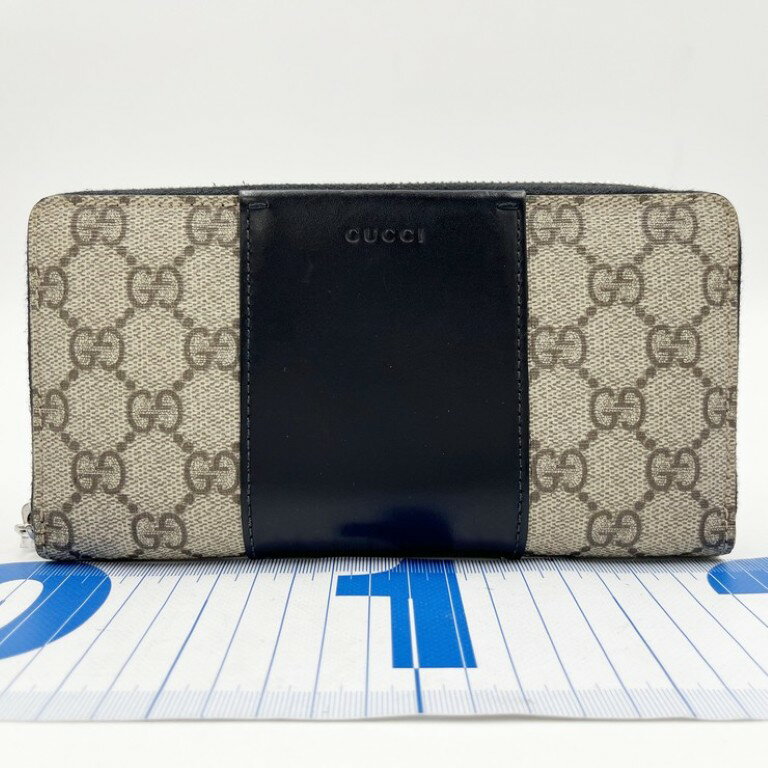 乐天商城 - GUCCI グッチ 長財布 GGスプリーム 779879 ベージュ×ブラック系 PVC レザー ユニセックス ラウンドファスナー シルバー金具 美品【本物保証】【中古】