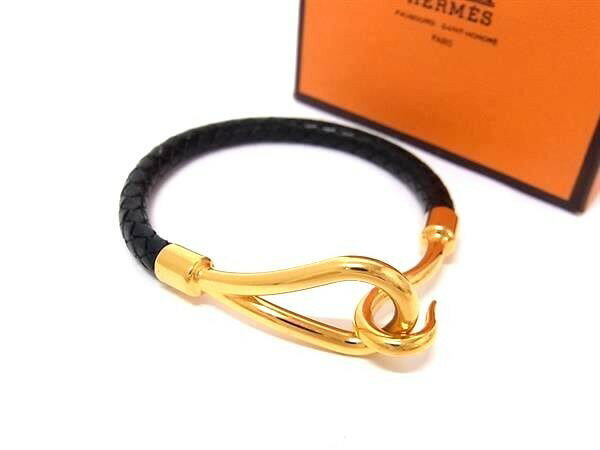 Rakuten - HERMES エルメス ブレスレット ジャンボ ブラック系 レザー レディース 編み込み ゴールド金具 超美品【本物保証】【中古】