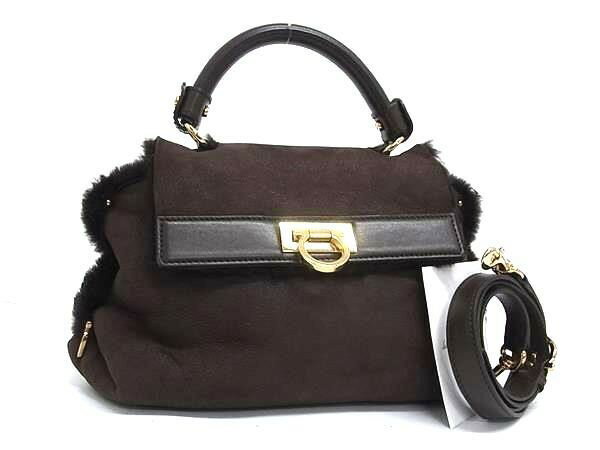乐天商城 - SALVATORE FERRAGAMO フェラガモ ハンドバッグ ガンチーニ EZ-21 E784 ブラウン系 ムートン レディース 2WAY ショルダーバッグ ゴールド金具 美品【本物保証】【中古】