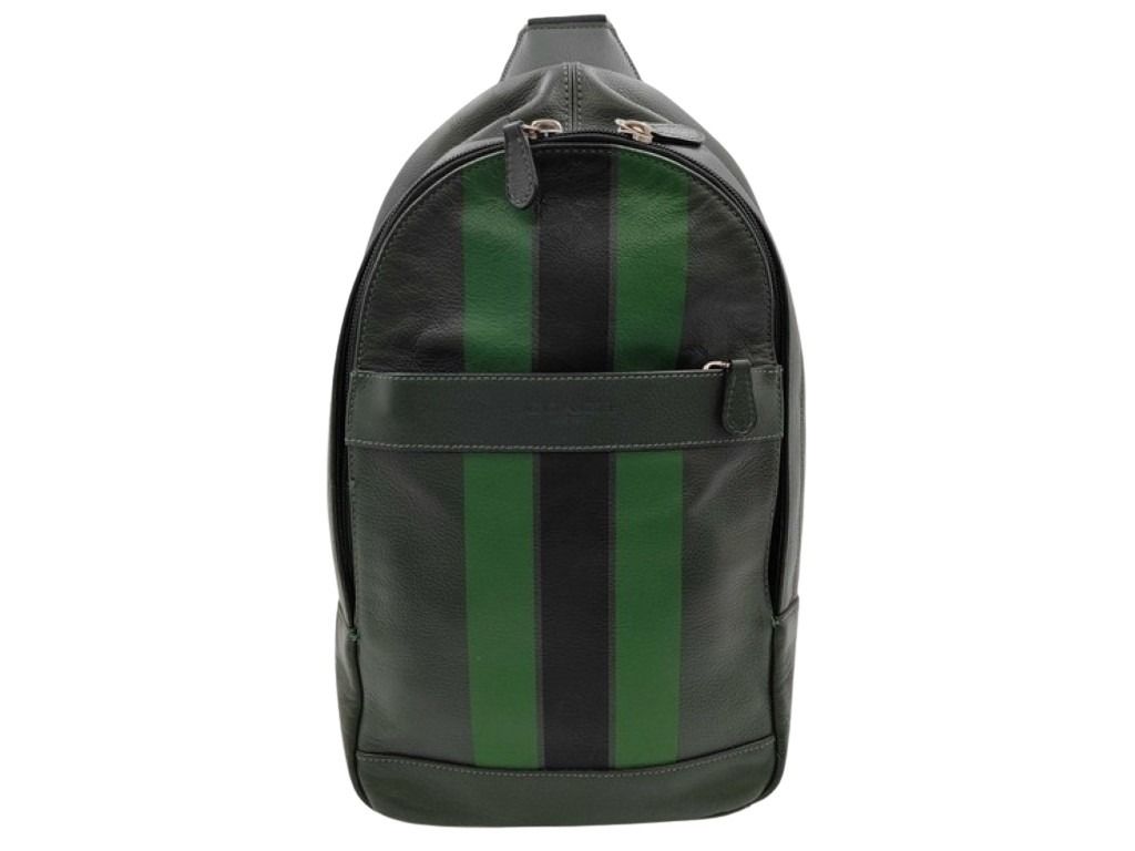 COACH コーチ ボディバッグ チャールズ ヴァーシティ F72226 ブラック グリーン系 レザー メンズ ショルダーバッグ シルバー金具 美品【本物保証】【中古】