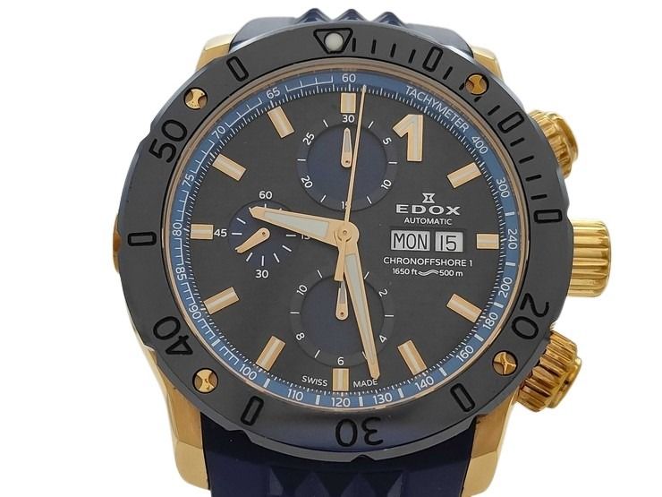 EDOX エドックス 腕時計 クロノオフショア1 クロノグラフ オートマティック 01122-37RBU35-BUIR3 ブルー系 ゴールド系 SS セラミック ラバー メンズ アナログ 自動巻き 美品【本物保証】【中古】