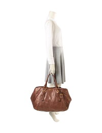 超美品PRADAプラダ2WAYトートバッグレザーブロンズゴールド金具【本物保証】【中古】