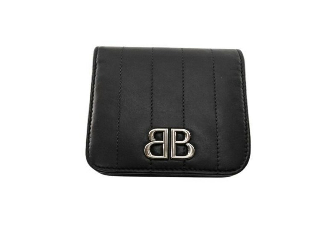 乐天商城 - BALENCIAGA バレンシアガ 二つ折り財布 モナコ 765459 ブラック系 レザー ユニセックス BBロゴ シルバー金具 美品【本物保証】【中古】