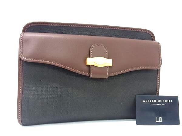 dunhill ダンヒル セカンドバッグ 二つ折り クラッチバッグ ダークグレー系 ブラウン系 PVC レザー メンズ ヘリンボーン柄 ゴールド金具 美品【本物保証】【中古】(4)