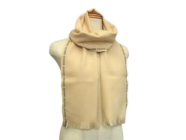 GUCCI グッチ マフラー ベージュ ブラック ウール100％ レディース ロゴ フリンジ 美品【本物保証】【中古】