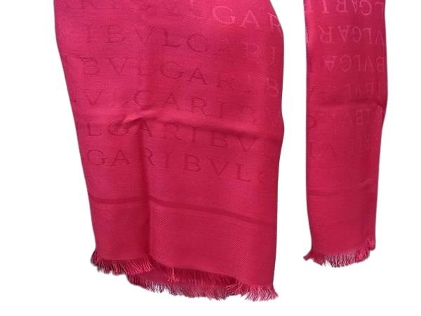 BVLGARI ブルガリ ストール ロゴマニア ピンク系 シルク60％ ウール40％ レディース フリンジ 超美品【本物保証】【中古】