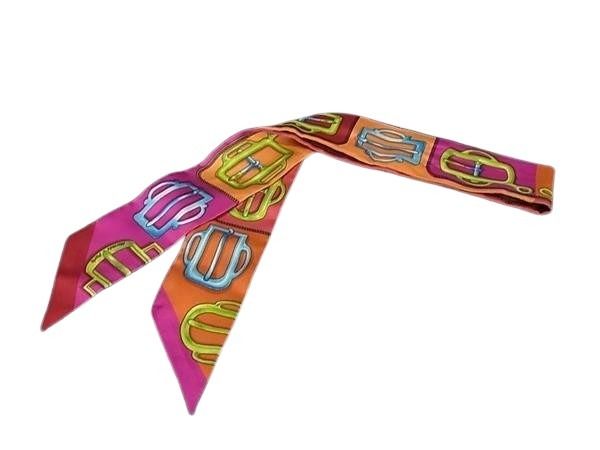 HERMES エルメス リボンスカーフ ツイリー マルチカラー シルク100％ レディース BOUCLERIE D ATTELAGE アトラージュのバックル 美品【本物保証】【中古】