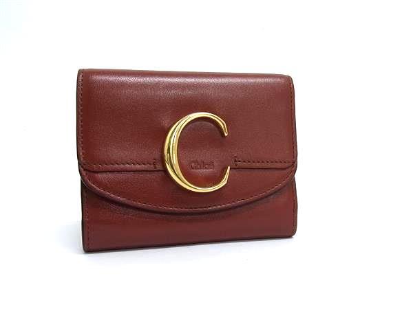 乐天商城 - Chloe クロエ 財布 クロエC ブラウン レザー レディース Wホック 三つ折り 財布 ゴールド金具【本物保証】【中古】