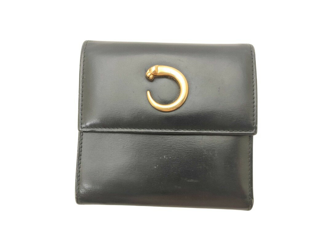 CARTIER - Cartier カルティエ 財布 パンテール ブラック レザー レディース 三つ折り 財布 ゴールド金具【本物保証】【中古】
