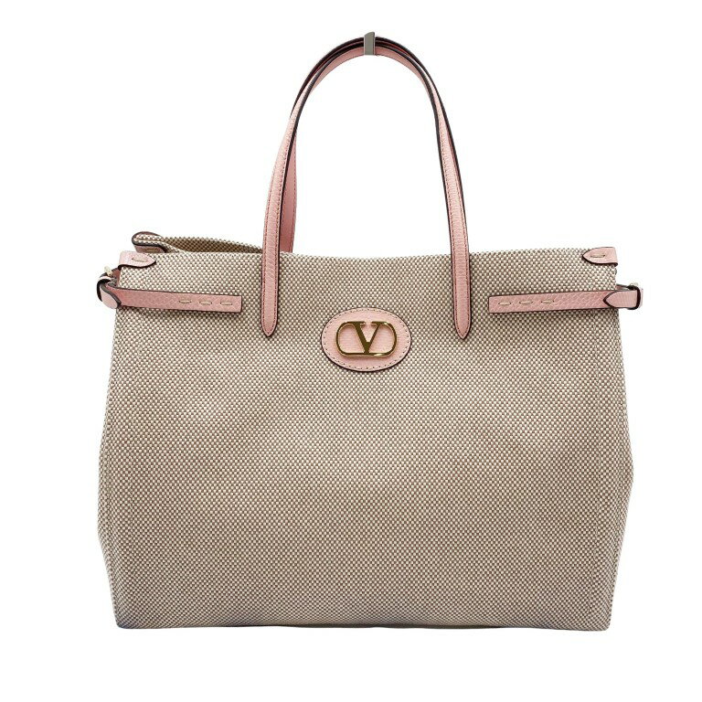 乐天商城 - VALENTINO GARAVANI ヴァレンティノ ガラヴァーニ ハンドバッグ アンティーブ ミディアム ベージュ ピンク キャンバス レザー レディース 美品【本物保証】【中古】