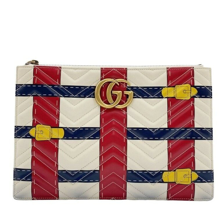 乐天商城 - GUCCI グッチ クラッチバッグ GGマーモント 466489 アイボリー レッド ネイビー系 レザー ユニセックス ベルトモチーフ ゴールド金具 美品【本物保証】【中古】