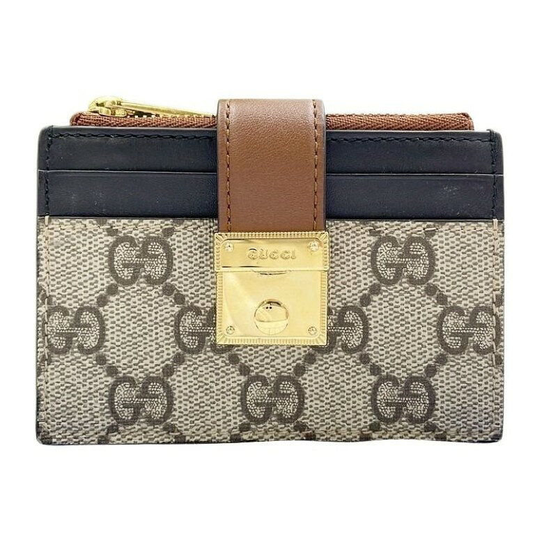 乐天商城 - GUCCI グッチ コイン カードケース GGスプリーム 779804 ベージュ ブラウン ブラック系 PVC×レザー ユニセックス ゴールド金具 美品【本物保証】【中古】