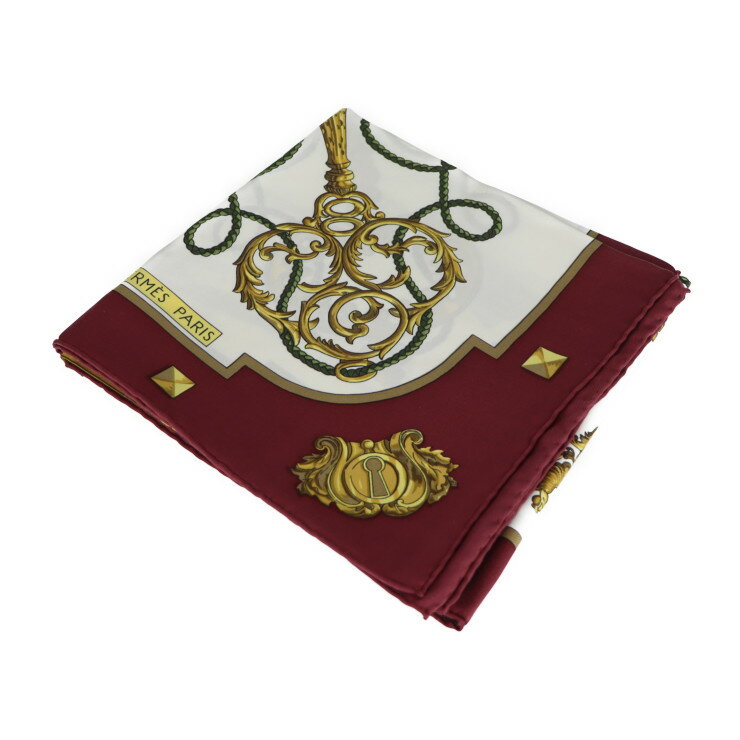 超美品 HERMES エルメス LES CLES THE KEYS RARE カレ90 スカーフ シルク ボルドー ホワイト 鍵柄【本物保証】【中古】のサムネイル