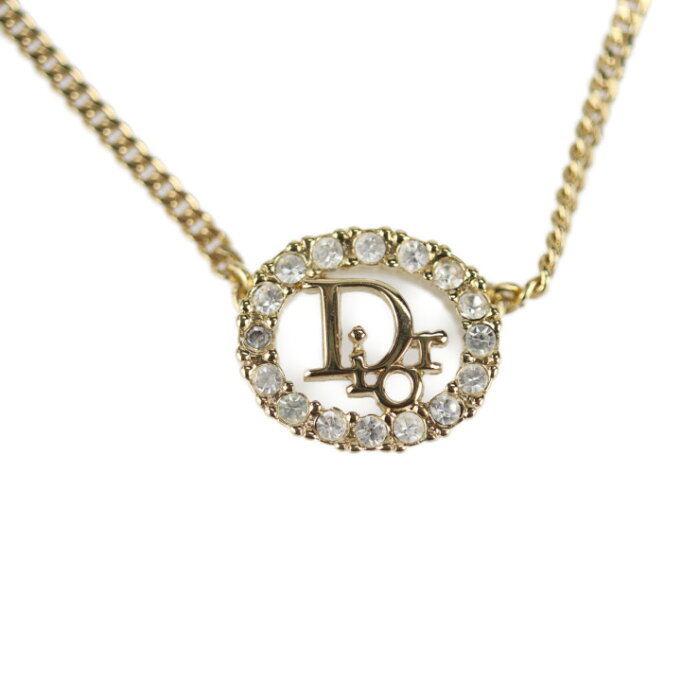 美品 Christian Dior クリスチャンディオール ネックレス メタル ラインストーン ゴールド ロゴ【本物保証】【中古】