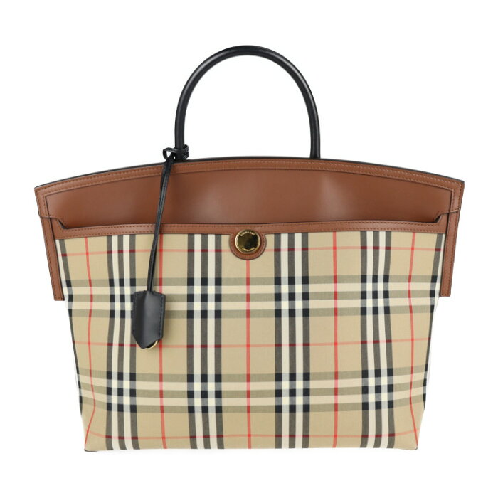 超美品 BURBERRY バーバリー ソサエティ ハンドバッグ 8023019 キャンバス レザー ベージュ ブラウン ラージサイズ 2WAY ショルダーバッグ トートバッグ ヴィンテージチェック柄 ロゴ【本物保証】【中古】