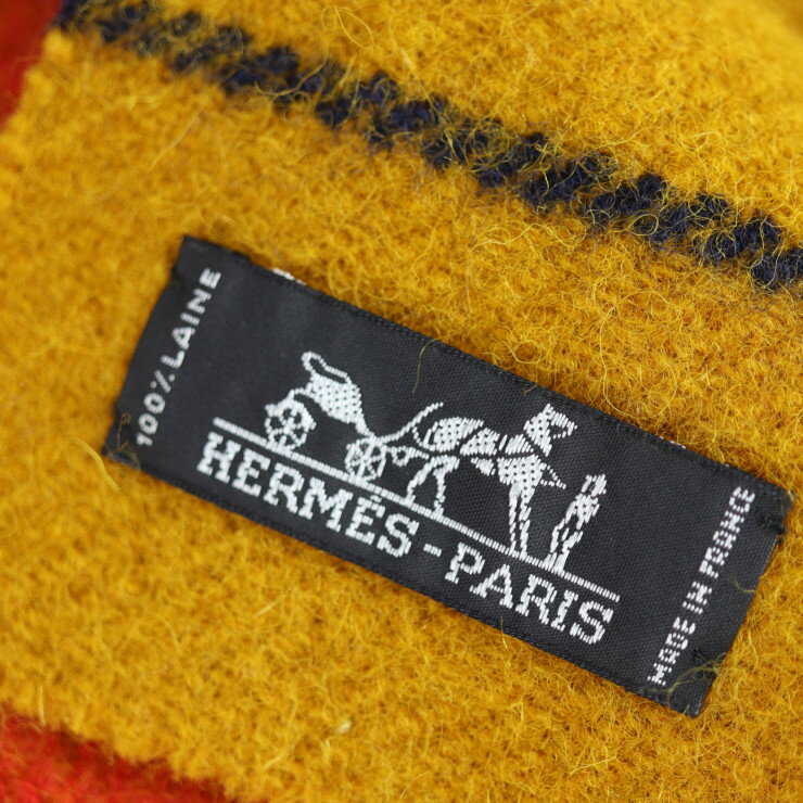 超美品 HERMES エルメス ロカバール マフラー ウール マスタード ネイビー レッド LAINE フランス製 防寒具【本物保証】【中古】