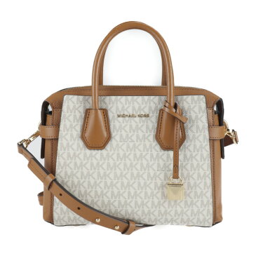 美品 Michael Kors マイケルコース マーサー ベルティッド スモール サッチェル ハンドバッグ 30S9GM9S1B PVC レザー ホワイト ブラウン ゴールド金具 2WAY ショルダーバッグ【本物保証】【中古】