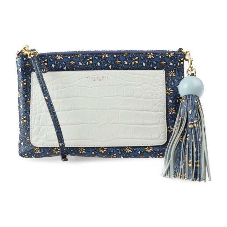 超美品 Tory Burch トリーバーチ カラーブロック タッセル クロスボディ ショルダーバッグ レザー BLUE WILD PANSY ブルー系マルチカラー ゴールド金具 2WAY クラッチバッグ ポーチ 花柄 フラワー クロコ 型押し【本物保証】【中古】