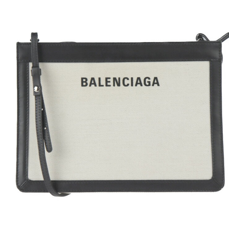 美品 BALENCIAGA バレンシアガ ネイビーポシェット ショルダーバッグ 339937 キャンバス レザー ナチュラル ブラック 2WAY セカンドバッグ【本物保証】【中古】