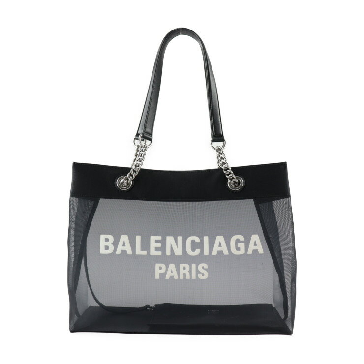 美品 BALENCIAGA バレンシアガ デューティーフリー トートバッグ 741602 メッシュ×レザー ブラック シルバー金具 ショルダーバッグ ロゴ ポーチ付き【本物保証】【中古】