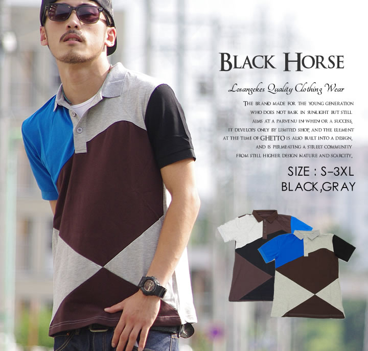 【メール便対応】BLACK HORSE 【ブラックホース】 半袖 ポロシャツ メンズ 2トーン カラー：2カラー B系 ファッション メンズ ヒップホップ ストリート系 ファッション HIPHOP ダンス 衣装