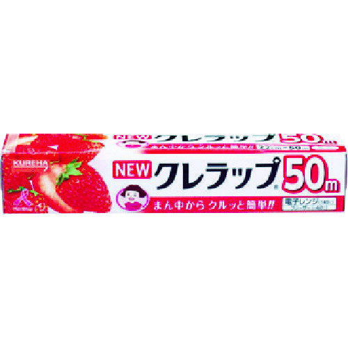 特長 ●お皿に合わせて「クルッと一発」のクレハカットです。 ●はがしやすいプラスチック刃で使用後の分別が簡単です。 ●ラップの端がつまみやすい、「つまめるフラップ」付です。 ●「きちんとキレ窓」で巻き戻り解決。 ●飛び出しガードでロールの飛び出しをしっかりガードします。 ●ストッパーが巻き戻りを防止します。 用途 ●食品包装用ラップフィルム。 仕様 ●幅(mm)：220 ●長さ(m)：50 ●耐熱温度(℃)：-60℃〜140℃ 仕様2 ●耐熱温度：-60℃〜140℃ 材質／仕上 ●ポリ塩化ビニリデン 原産国（名称） ●日本 質量 ●265g