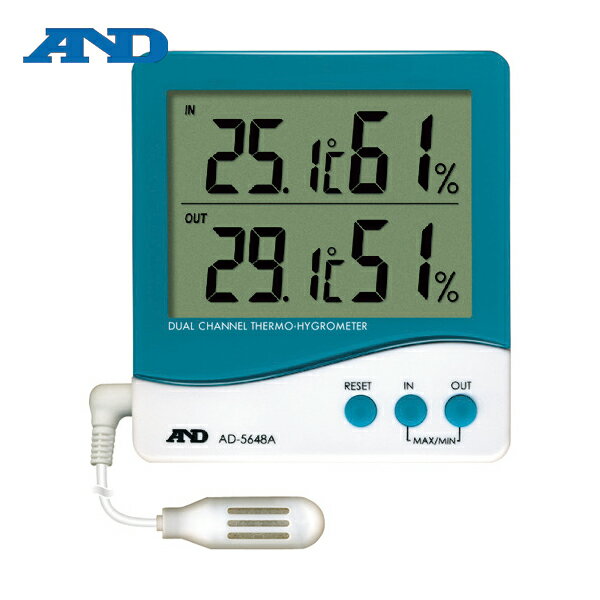 特長 ●外部センサーで温度・湿度が測れます。 ●内部と外部の温度・湿度を同時に表示できます。 ●さまざまな作業環境の温度・湿度管理に最適です。 ●外部センサー長、約3m（取り外し可能）です。 仕様 ●測定温度範囲(℃)：0.0〜50.0 ●温度最小表示(℃)：0.1 ●測定温度範囲(℃)IN/OUT：0〜50/0〜50 ●電源：単4形乾電池×1本(付属) ●測定間隔：約10秒 ●幅(mm)：101 ●奥行(mm)：24 ●測定項目：温度、湿度 ●高さ(mm)：108 ●湿度最小表示(%RH)：1 ●測定湿度範囲(%RH)：15〜95 仕様2 ●外部センサーコード長：3m(取り外し可能) ●外部センサー寸法：45(L)×15(W)×12(D)mm 原産国（名称） ●中国 質量 ●170g