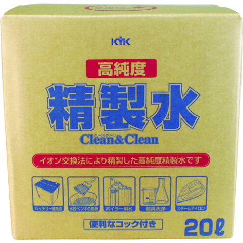 特長 ●超純水製造装置により精製した高純度精製水です。 ●逆浸透膜＋イオン交換＋限外ろ過膜によりイオン物質や有機物、微粒子、微生物を可能な限り取り除いた高純度の純水です。 ●紫外線殺菌器による殺菌処理を行っています。 ●JISーK0557、 A2〜3区分相当品です。 用途 ●バッテリー補充液として。 ●水性塗料の希釈、ボイラー用水、器具洗浄、スチームアイロンなどに。 ●実験用水、分析用水、器具洗浄水、希釈用水として。 仕様 ●色：無色透明 ●容量(L)：20 ●使用温度範囲(℃)：0〜100℃ ●縦(mm)：288 ●横(mm)：295 ●高さ(mm)：286 仕様2 ●使用温度範囲：0〜100℃ ●コック付 材質／仕上 ●高純度精製水(100%) 原産国（名称） ●日本 質量 ●21.3kg