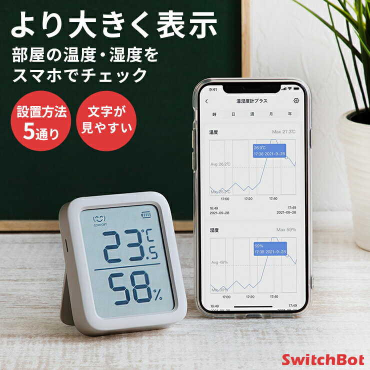 【LINEクーポン300円OFF★在庫限定SALE】 温湿度計 温度計 湿度計 高齢者 熱中症 デジタル 赤ちゃん ペット 犬 猫 おしゃれ 壁掛け SwitchBot スイッチボット 正規品 温湿度計プラス 小型 ベビー 熱中症対策 スタンド マグネット スマートリモコン スマホ 遠隔操作 yy