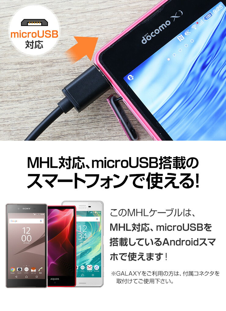 【3%OFFクーポン付】 スマホ → HDMI → テレビ【MHL対応スマートフォンを、HDMI端子のテレビに映せる】 MHLケーブル HDMI変換アダプタ マイクロ Micro USB to HDMI 入力 microUSB オス - 出力 HDMI タイプA オス 【送料無料】クロームキャストのように楽しめる！