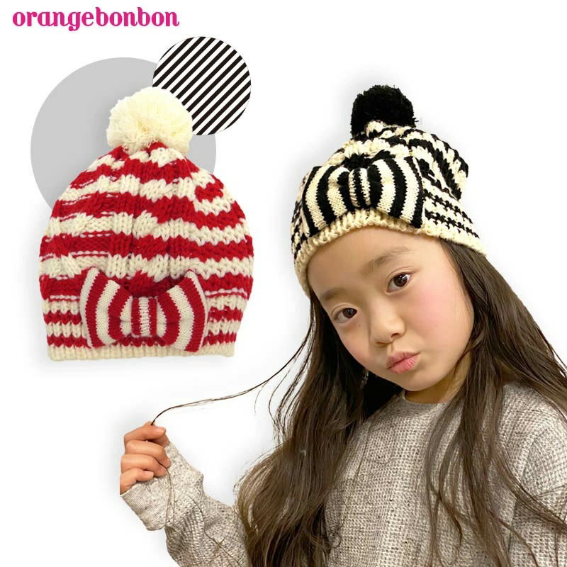 【クーポンで10%OFF! 5/18.20限定】 オレンジボンボン Orangebonbon 女の子 ニット帽 ボーダーリボン ガールズ あったか 子供 小物 リボン ボーダー ニット帽 おしゃれ 防寒 女児 ガールズ Girls キッズ 新生活